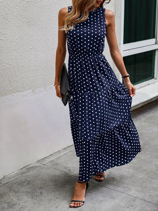 Polka Dot Sleeveless Ruffle Hem A-line Dress