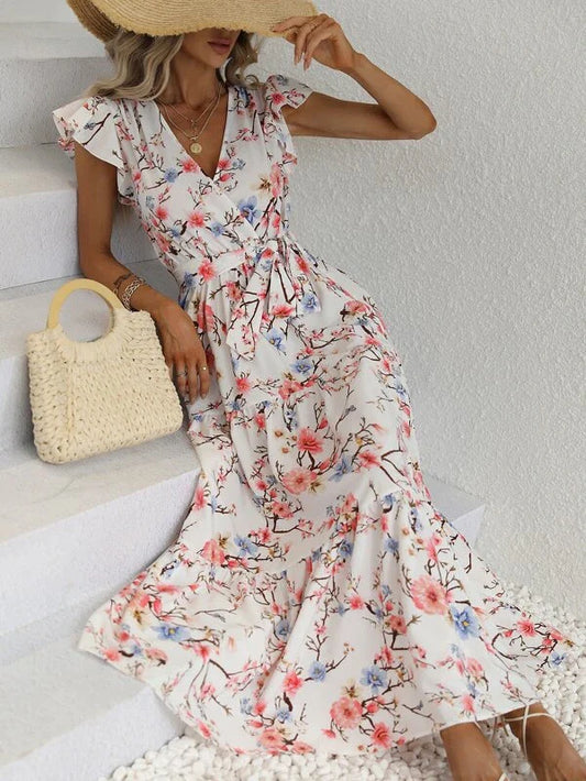 Floral Print Butterfly Sleeve Ruffle Hem Belted Dress