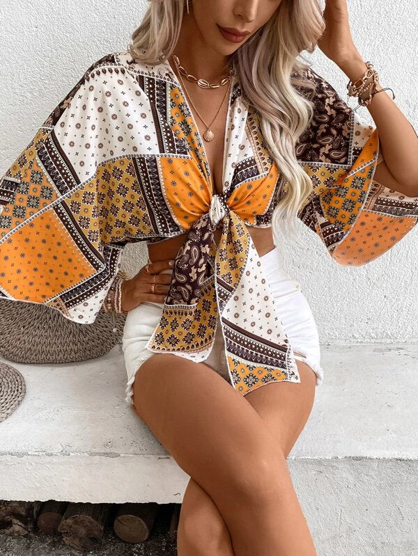 Paisley Scarf Print Tie Front Crop Top